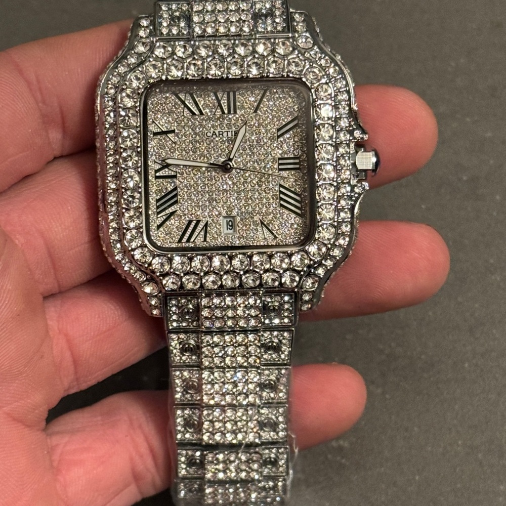 UA Cartier Silver Moissanite Crystal-Paved Square Bracelet Watch